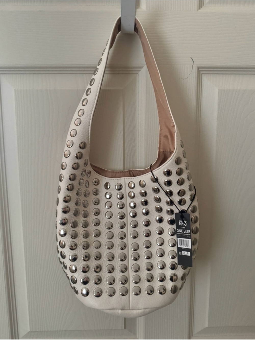 NYC Cream Studded Shoulder Bag with Silver Accents